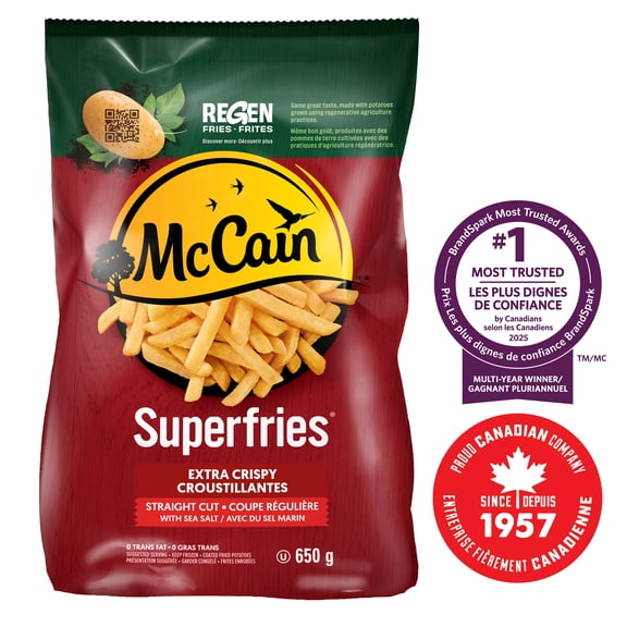 McCain® Superfries® Extra Crispy Straight Cut Fries, Made in Canada from domestic and imported ingredients, 650g