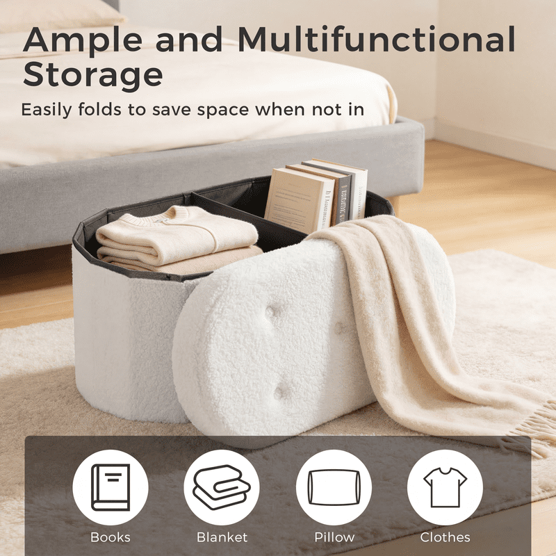 Gianna 43 Inch Ottoman with Storage, Folding Foot Rest for Living Room & Bedroom, Versatile Home Bench, White