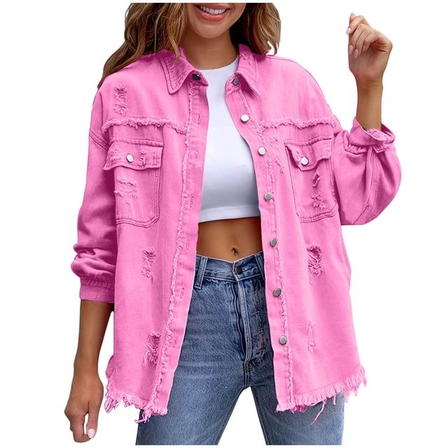 RXMEKW Veste en Denim à Capuche Amovible pour Femmes avec Manches Longues Perforées, Polyester, Bleu