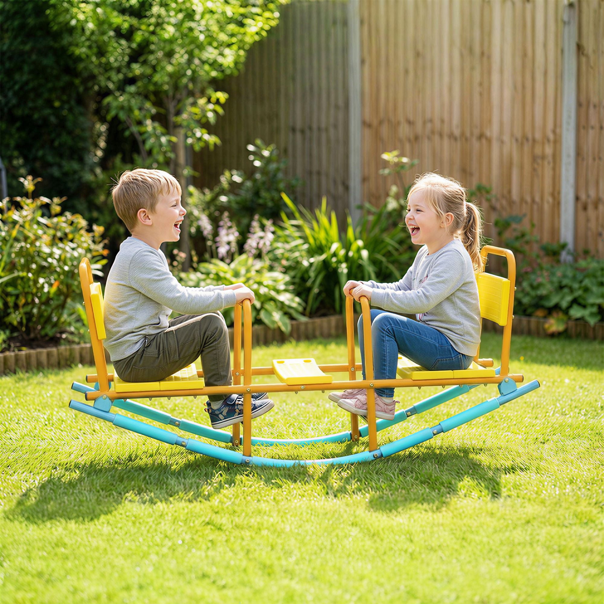 Dual Motion Kids Teeter Totter with Rocking Base, Heavy Duty Steel Frame Seesaw with Backrests Handrails Holds 220lbs, Indoor Outdoor Play Equipment for Children Ages 3-8