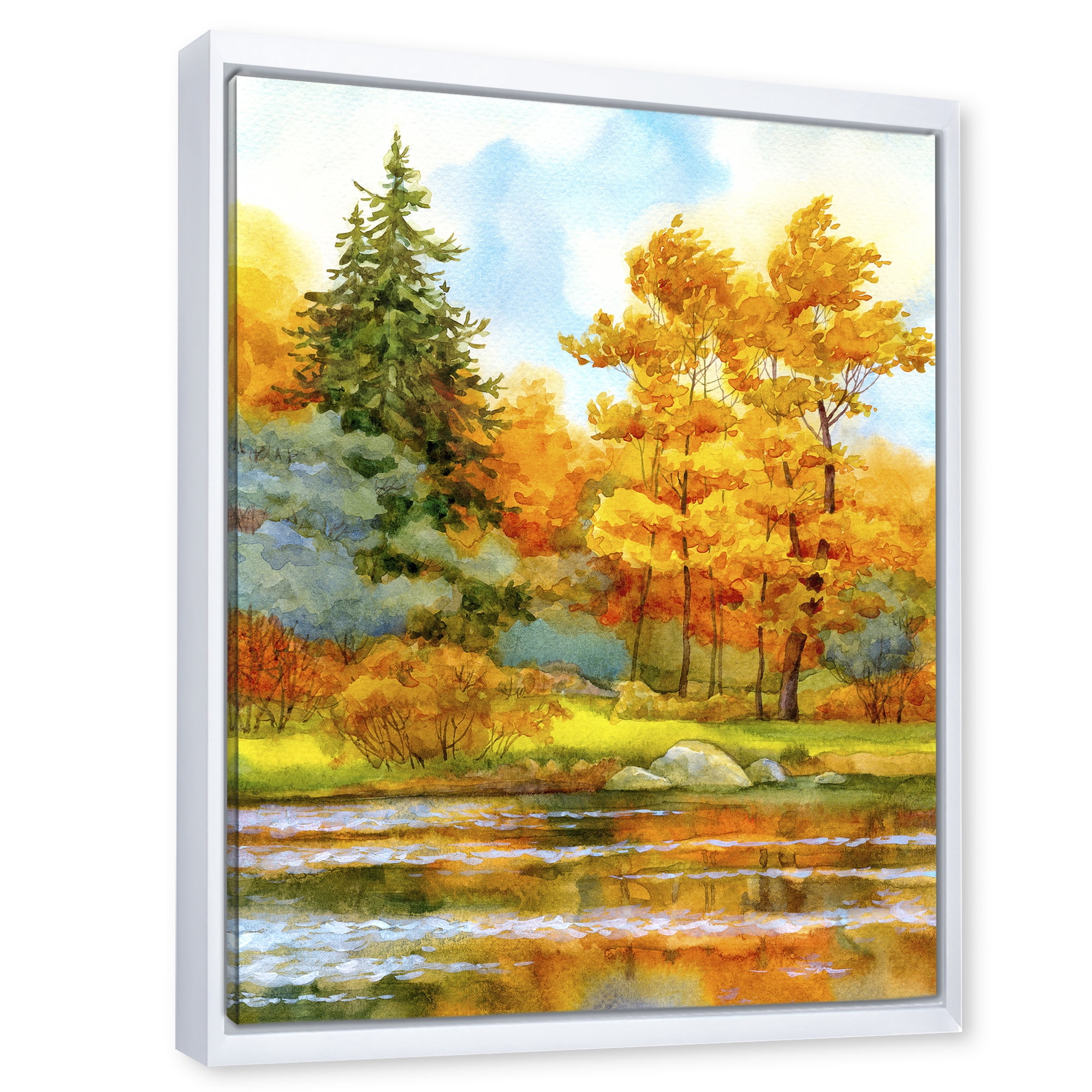 Autumn Forest By The Lake Side I 24 in x 32 in Framed Painting Canvas Art Print, by Designart