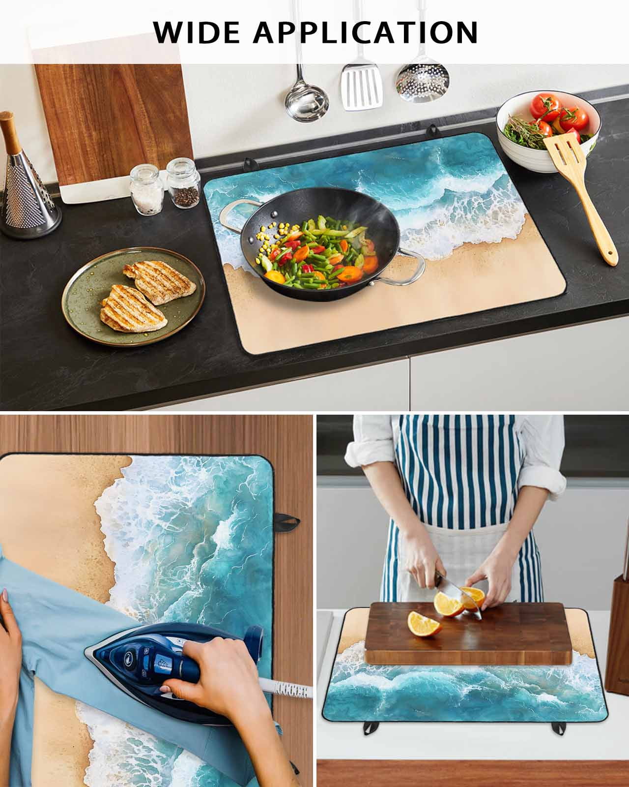 nqOlkjepod Large Induction Cooktop Protector Mat 36"x21", Teal Ocean Waves Stove Top Covers for Electric Stove, Summer Beach Coastal Nautical Stove Burner Cover Mats, Glass Top Stove Cover