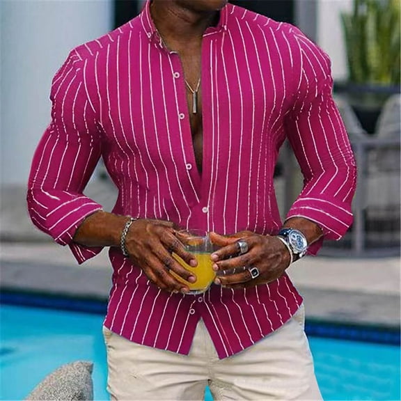 Njoeus Basic Tops Big & Tall Tops Men's Striped Dress Shirt Long Sleeve Lapel Beach Casual Cardigan Shirt Blouse Tshirts Men
