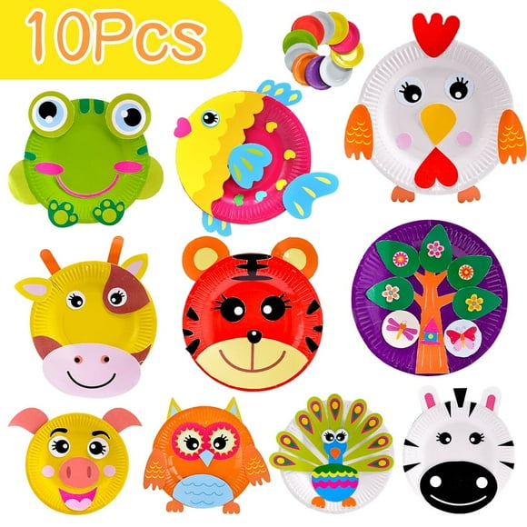 YOPTOP 10Pcs Toddler Crafts Paper Plate Art Kit Arts and Crafts for Kids Boys Girls Preschool Easy Animal Plate Craft DIY Projects Supply Kit Creative Home Activity Craft Party Groups Gift,Multicolor