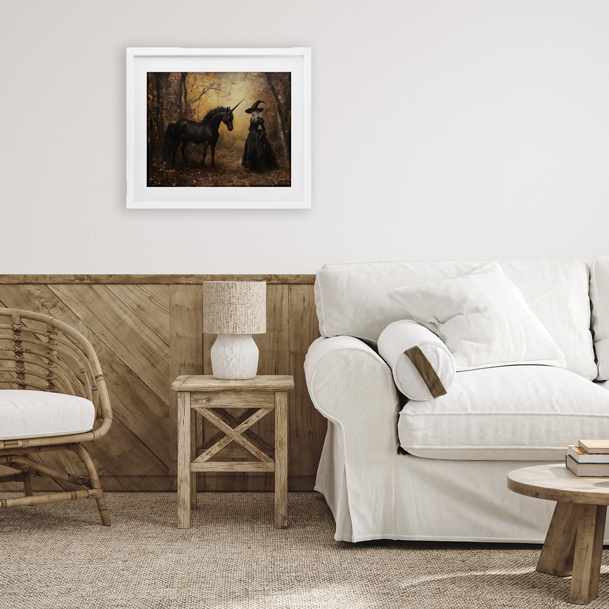 Witch & Black Unicorn White Framed Print Under Glass, design by Arlington Prints