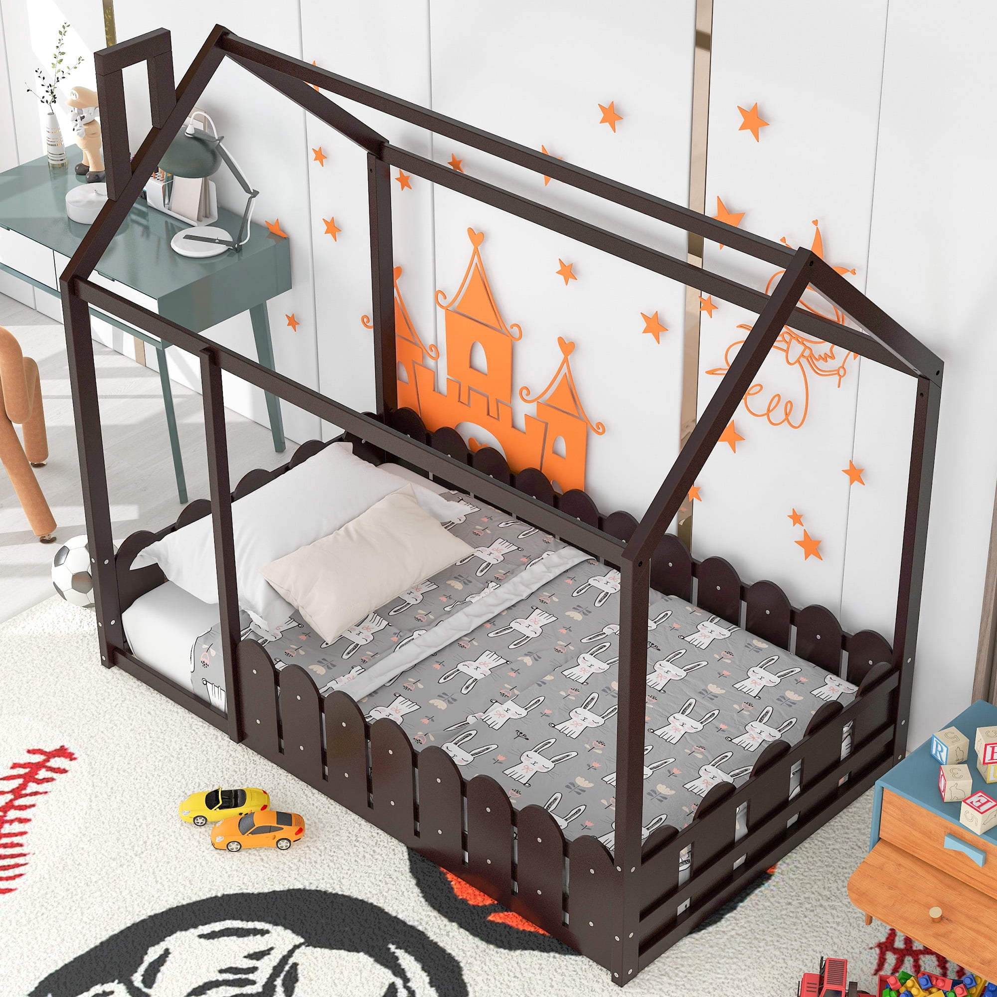Aukfa House Bed for Kids, Wood Bed Frame with Roof and Fence, Twin Bed, Espresso
