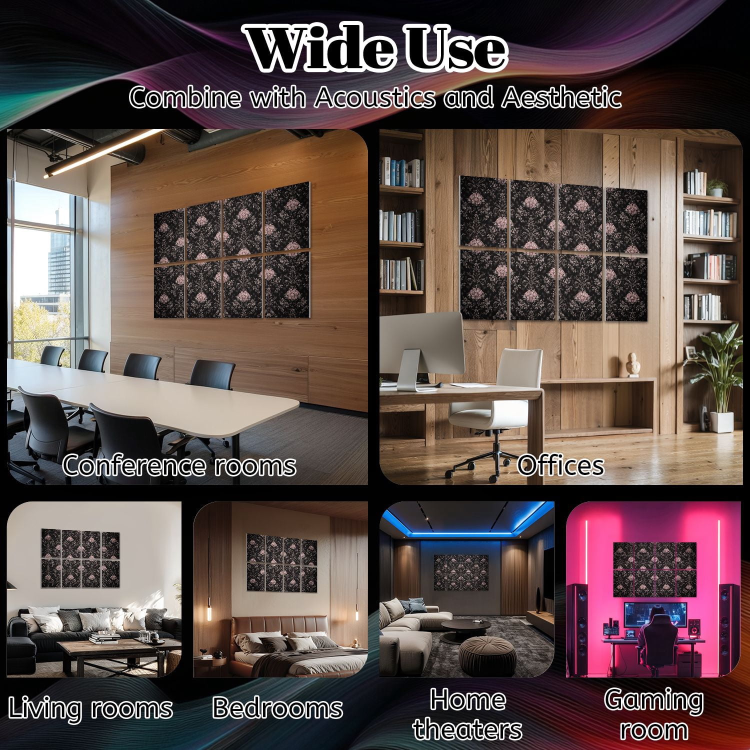 8 Pack Art Acoustic Panels Sound Absorbing black vicorian retro floral texture Decorative Soundproof Wall Panels Self Adhesive for Nursery Game Room Bedroom 48"x32"