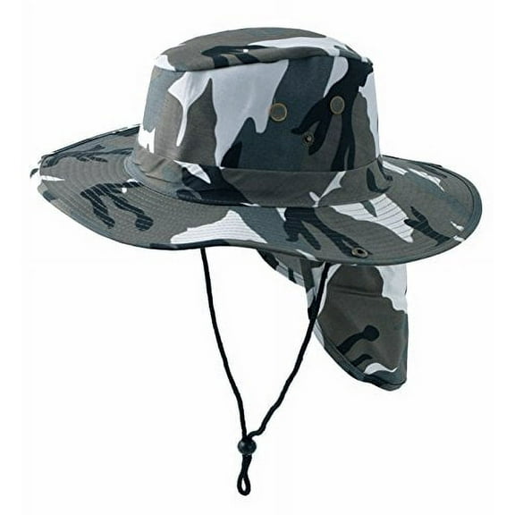 SAFARI Boonie Grey Camouflage Neck Flap Chin Strap Camo Fishing Bucket Hat Outdoors (Gray Camouflage, Large)