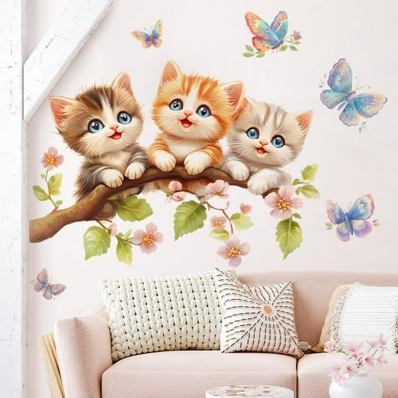 Three Cute Cats on A tree Branch Wall Decals, Butterfly Self-adhesive Wall Stickers for Bedroom Living Room Kid's Room Decorative 30 * 60CM