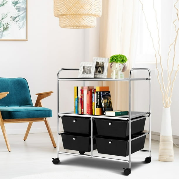 Costway Carrito Auxiliar con 4 Cajones Apilables y 2 Estantes 4 Ruedas Organizador para Cocina Baño Oficina 58,5 x 37 x 75 cm