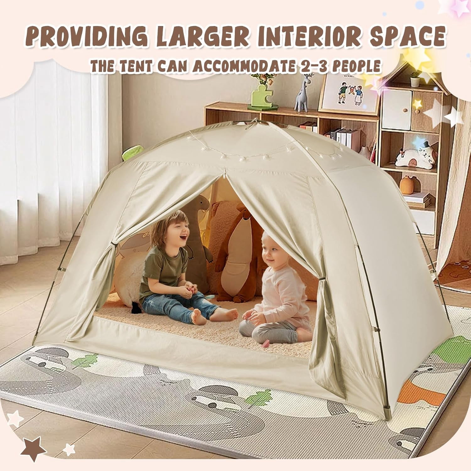 Bed Tents for Kids and Adult, Portable 100% Breathable and 85% Blackout Toddler Dream Play Tent, 3 Doors Big Privacy Space Sleeping Canopy for Floor or Twin Full Queen Sizes Bed (Khaki, Twin-Size)