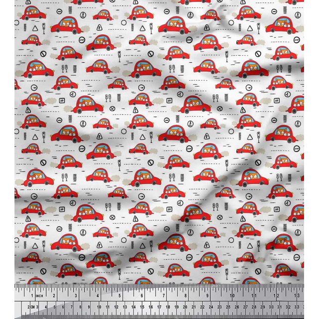 Soimoi Polyester Crepe Fabric Car & Owl Cartoon Print Sewing Fabric Yard 42 Inch Wide