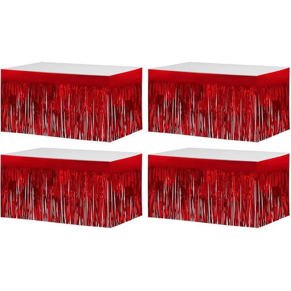 4 Pack 29x108 Inch Metallic Foil Fringe Tinsel Table Skirts for Rectangle Tables Streamer Backdrop for Wedding, Birthday, Parade Floats, Christmas, Halloween Party Decoration(Red) Red