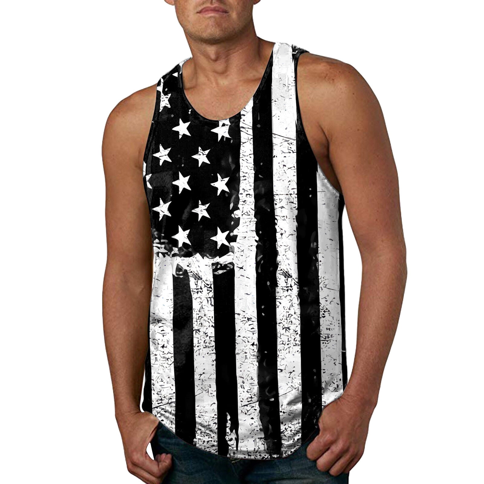 Mens American Flag Sleeveless Hoodie Tank Top Stars Stripes Shirt Workout Tank Tops 