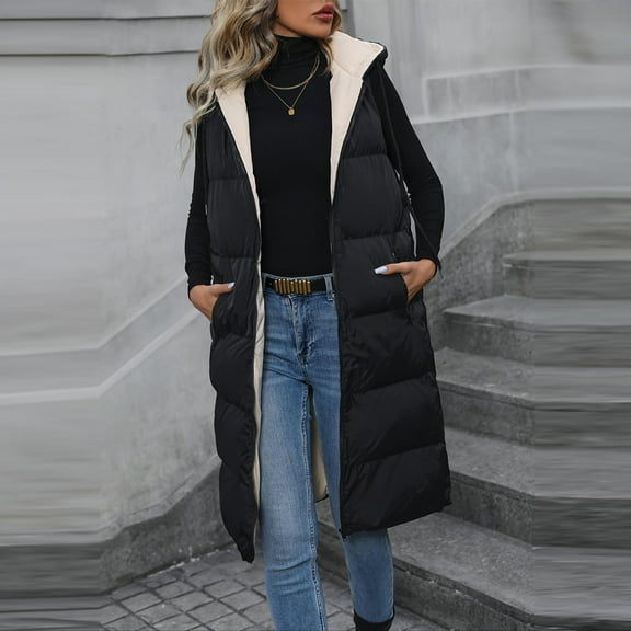 QUNYINEY Puffer Vests for Women 2025 Trendy Long Full Zip Black Coat with Hood Sleeveless Loose Fit Pockets Womens Jackets