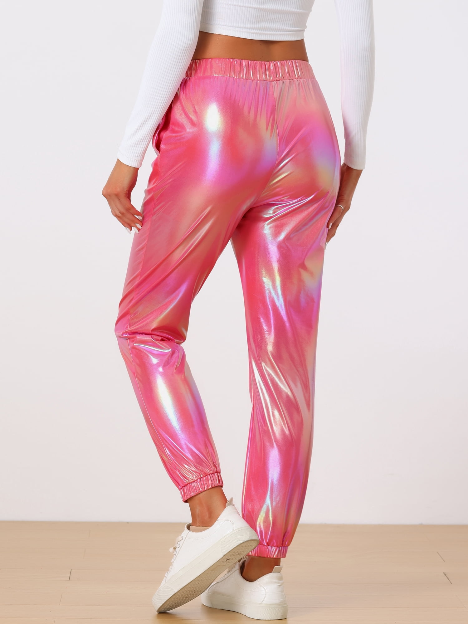 DARING DIVA Women's Sparkle Shiny High Waist Metallic Jogger Pants XL Holographic Pink