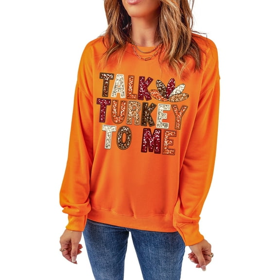 Women's Orange 'TALK TURKEY TO ME' Graphic Thanksgiving Sweatshirt | [ZhiHiMeRi] | (US 20-22)2XL