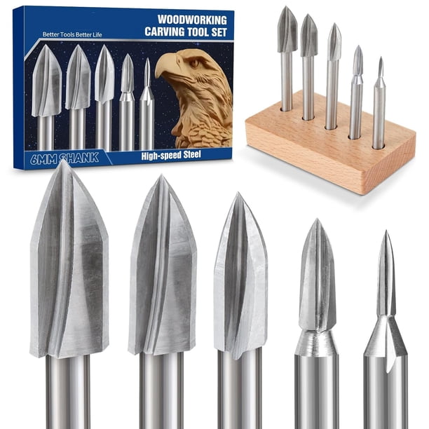Juego de brocas de tallado de madera con vástago de 1/4" y base de madera de 5 piezas, brocas de grabado para carpintería, accesorios de herramientas rotativas para manualidades DIY, tallado, grabado
