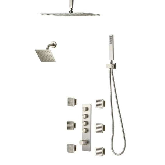 KFFKFF 16-Inch Thermostatic Ceiling Rain Shower System with Wall-Mounted Head, 6 Body Jets, Handheld Spray, Dual Rain Heads, Brass Valve, and Trim Kit, Brushed Nickel