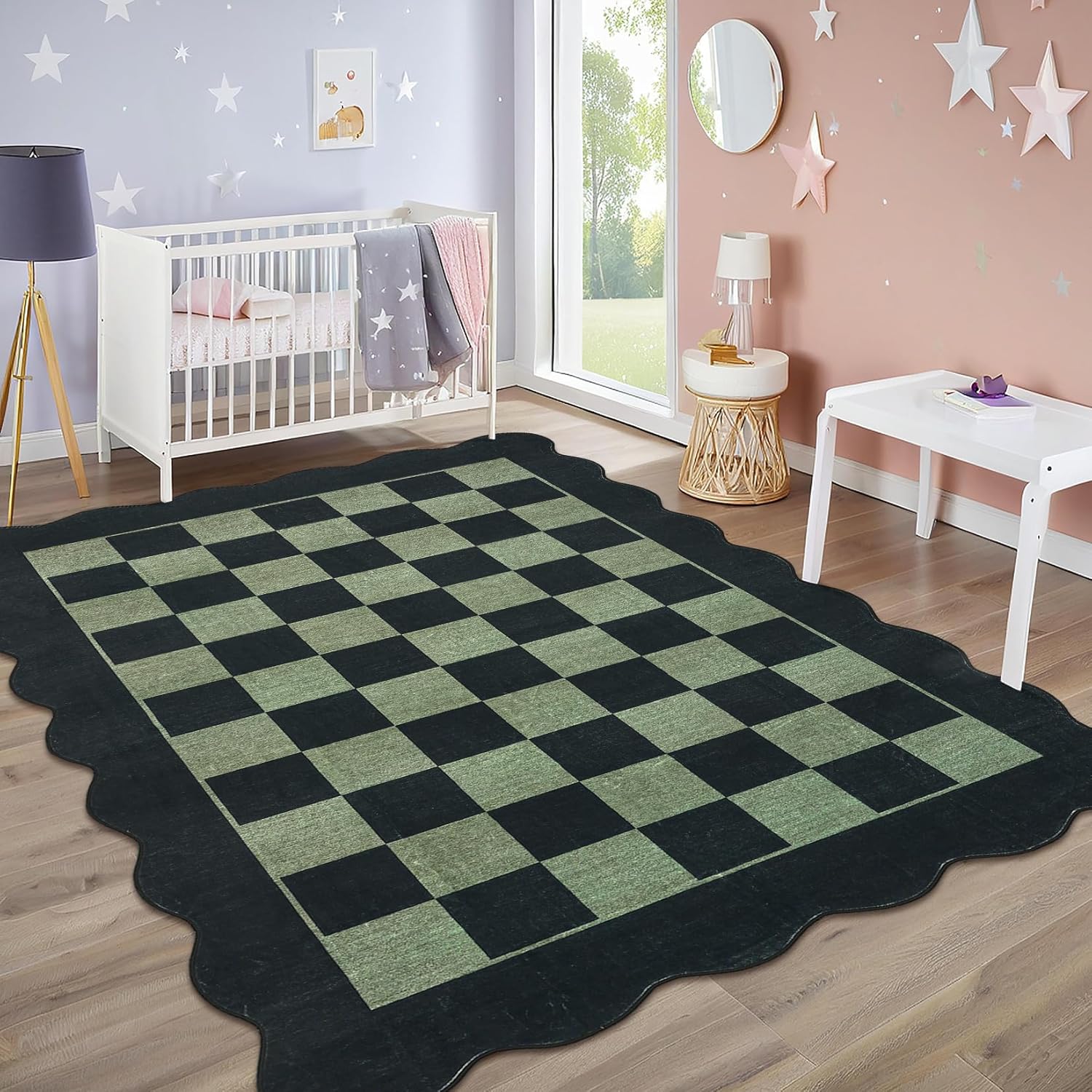 IdealHouse 8'x10' Washable Kitchen Rug, Non-Slip Low Pile Scalloped Checkerboard Farmhouse Entryway Mat, Soft Neutral Area Rug, Green