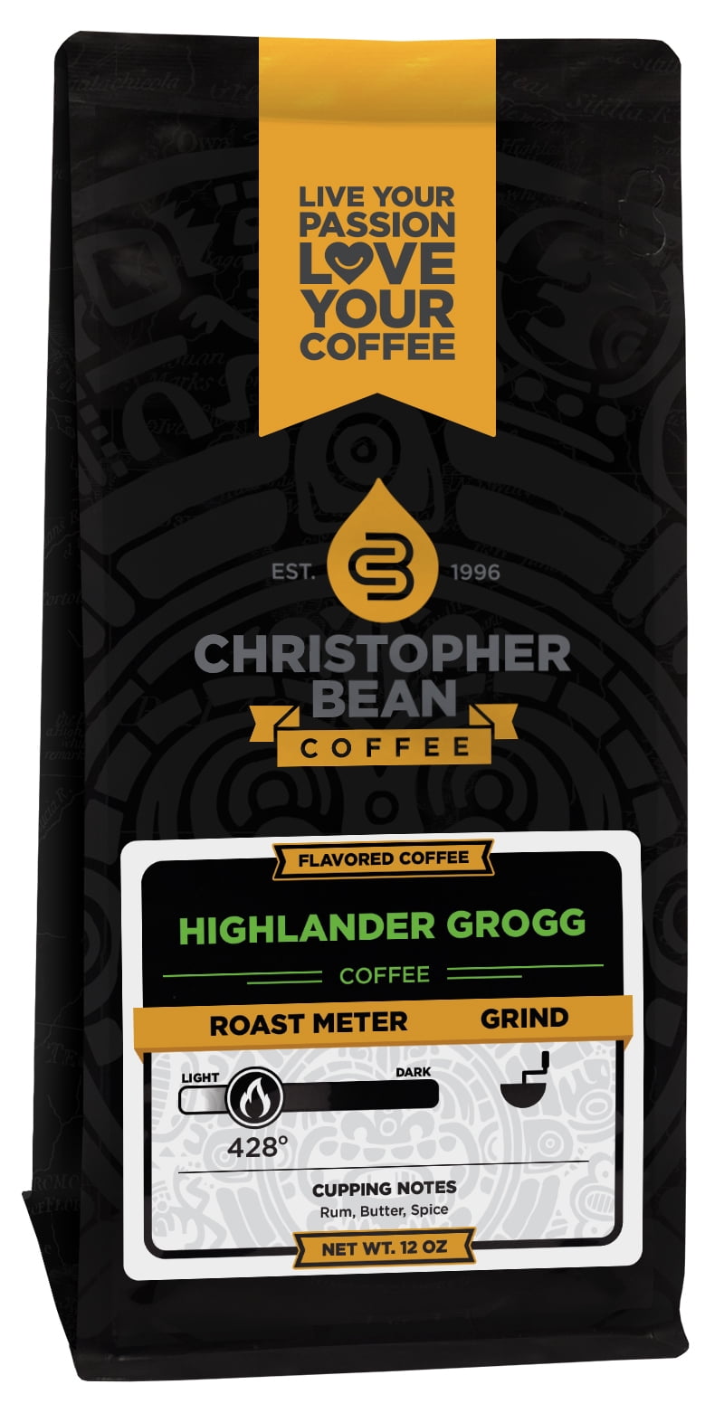 Highlander Grogg Flavored Regular Whole Bean Christopher Bean Coffee, 100% Arabica, No Sugar, No Fats, Made with Non-GMO Flavorings, 12 Oz Bag of coffee