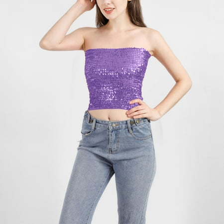 Flash Deals! pstuiky Plus Size Tube Top  Women S Solid Color Elastic Sequin Strapless Tube Top  Stylish Short Skirt Bandage Bra  Comfortable & Trendy For Summer Parties. Womens Summer Clothes