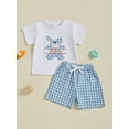 thumbnail image 3 of Baby Toddler Boy Easter Outfit Sets, 3 6 12 18 24 Months 2T 3T Short Sleeve Embroidery Rabbit T-shirt with Plaid Shorts 2-piece Clothing Set, 3 of 8