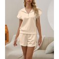 thumbnail image 3 of Women Two Piece Outfits Tracksuit Half Zip Lapel Cap Sleeve Sweatshirt High Waist Drawstring Shorts Set Sweatsuit, 3 of 6