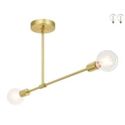 Semi Flush Mount Ceiling Light, 2 Light Vintage Sputnik Satin Brass Close to Ceiling with LED Bulb for Bedroom Living Room