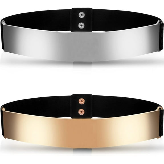 BlinkLLX 2 Pcs Mirror Belt for Women Metal Waist Belt Shiny Polished Gold Silver Mirror Stretch for Dress Fashion