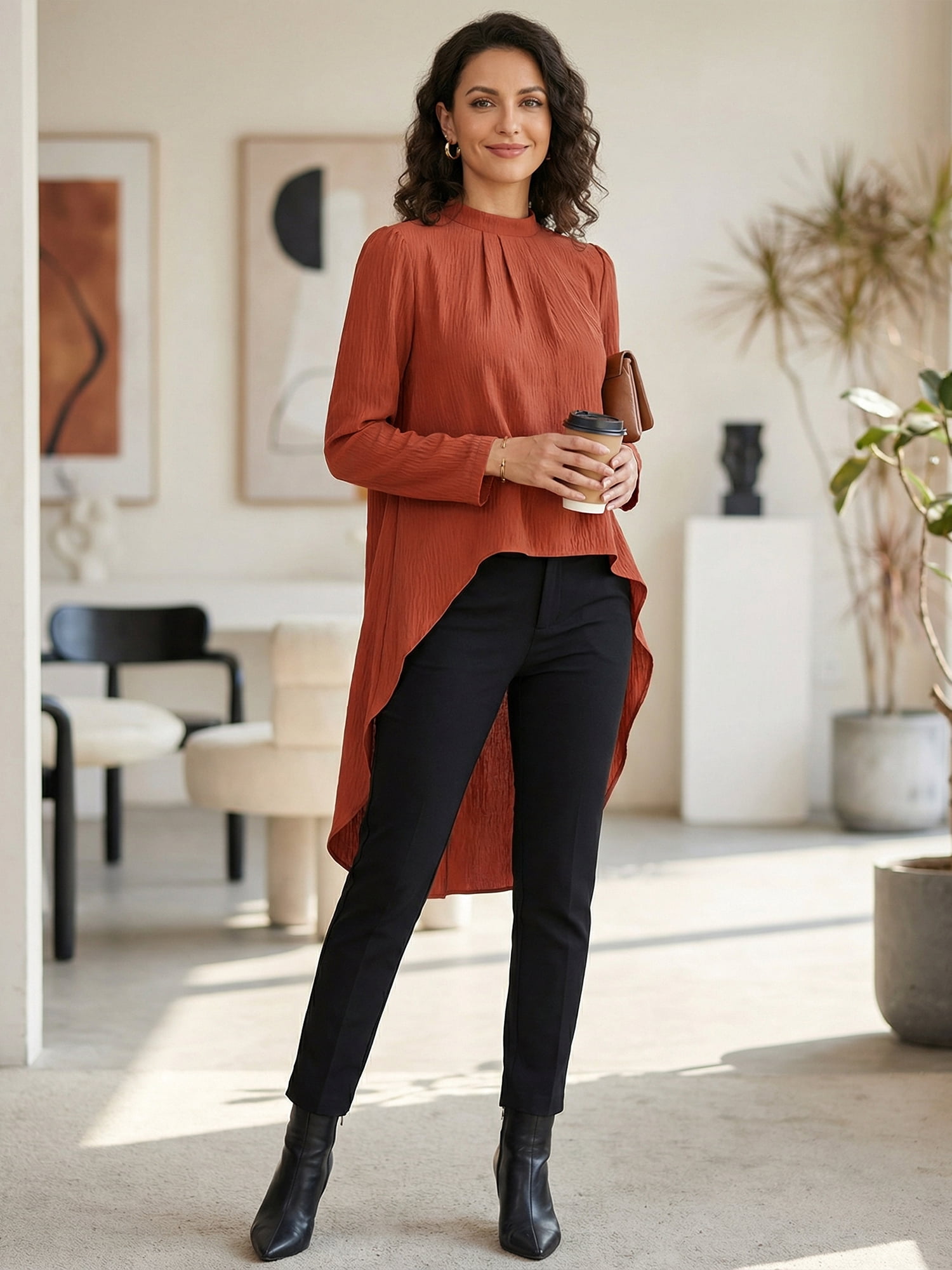 DARING DIVA Women's High Low Long Sleeve Asymmetrical Hem Casual Blouse L Brick Red