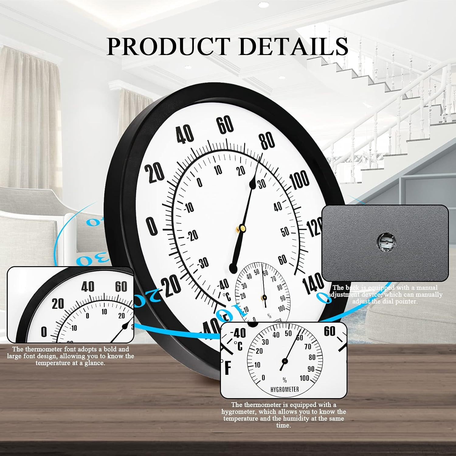 10" Indoor Outdoor Weather Thermometer / Hygrometer for Patio, Wall Decorative, No Battery Needed