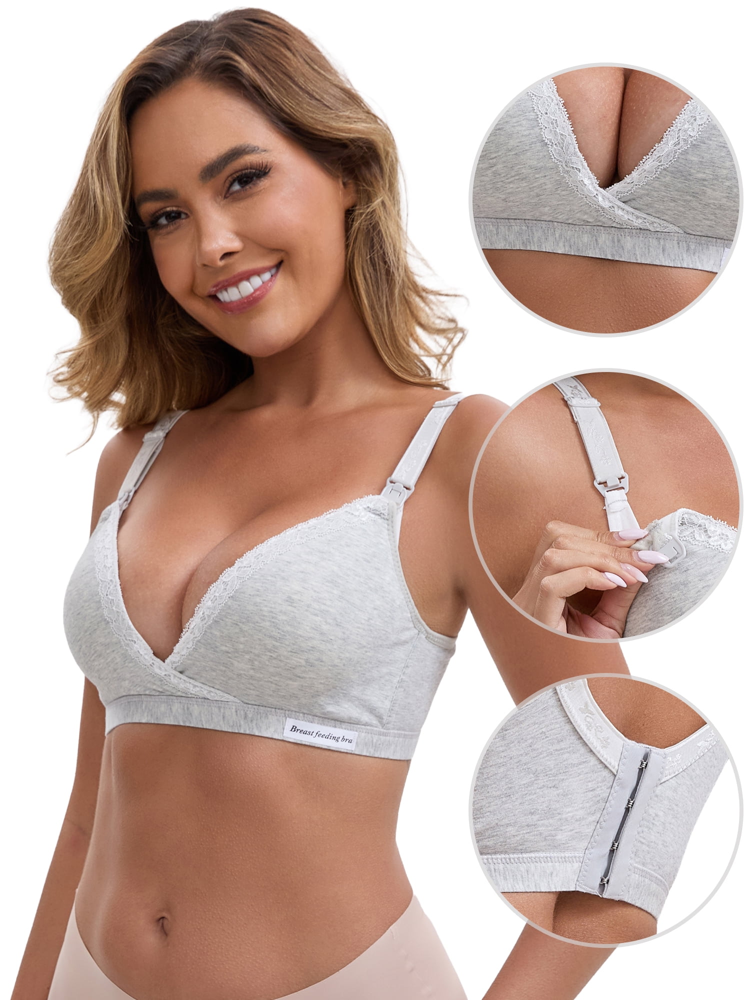 DARING DIVA Lace Trim Nursing Bra Deep V Crossover Adjustable Straps L Gray