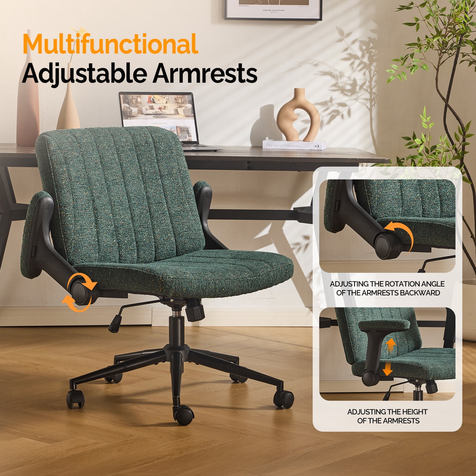 Ktaxon Office Chair, Flip-Top Armrest Desk Chair on Metal Star Base, Starry Chenille Vanity Chair with Adjustable Height & Swivel Wheels Green