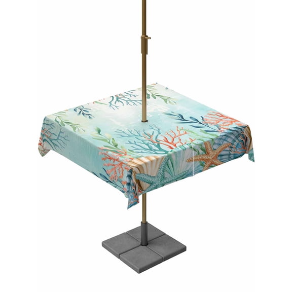 Outdoor Tablecloths with Umbrella Hole & Zipper, Ocean Starfish Seaweed 60x60 Inch Square Tablecloths, Summer Coastal Beach Shell Coral Teal Waterproof Table Cloth, Patio/Pool/Picnic Table Covers