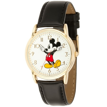 Mickey Mouse Men's Gold Cardiff Alloy Watch, Black Plain Leather Strap