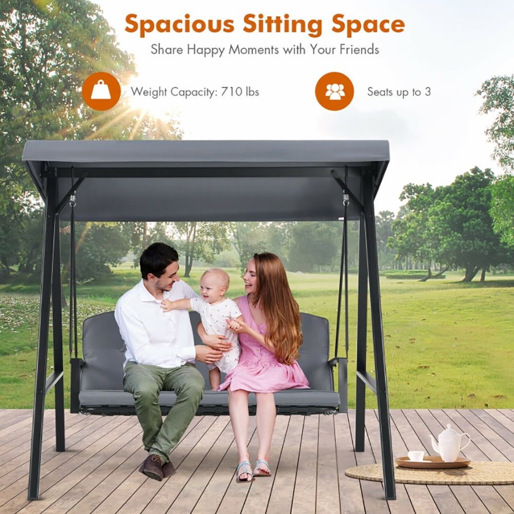 Aimee Lii Outdoor 3-Seat Porch Swing with Adjust Canopy and Cushions, Swing Chair Outdoor, Gray