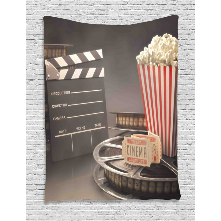Movie Theater Tapestry, Old Fashion Entertainment Objects Related to Cinema  Film Reel Motion Picture, Wall Hanging for Bedroom Living Room Dorm Decor,  60W X 80L Inches, Multicolor, by Ambesonne 