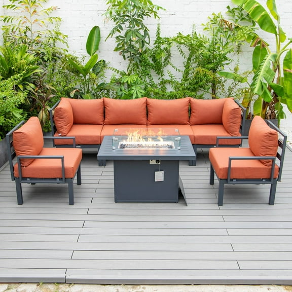 LeisureMod Chelsea 7-Piece Aluminum Outdoor Patio Conversation Set, Outdoor Sofa Seating with Cushions and Fire Pit Table for Backyard, Garden or Deck, Light Grey