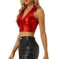 thumbnail image 4 of INSPIRE CHIC Holographic Crop Top for Women's Shimmering Shiny Party Halter Metallic Tops M Red, 4 of 5