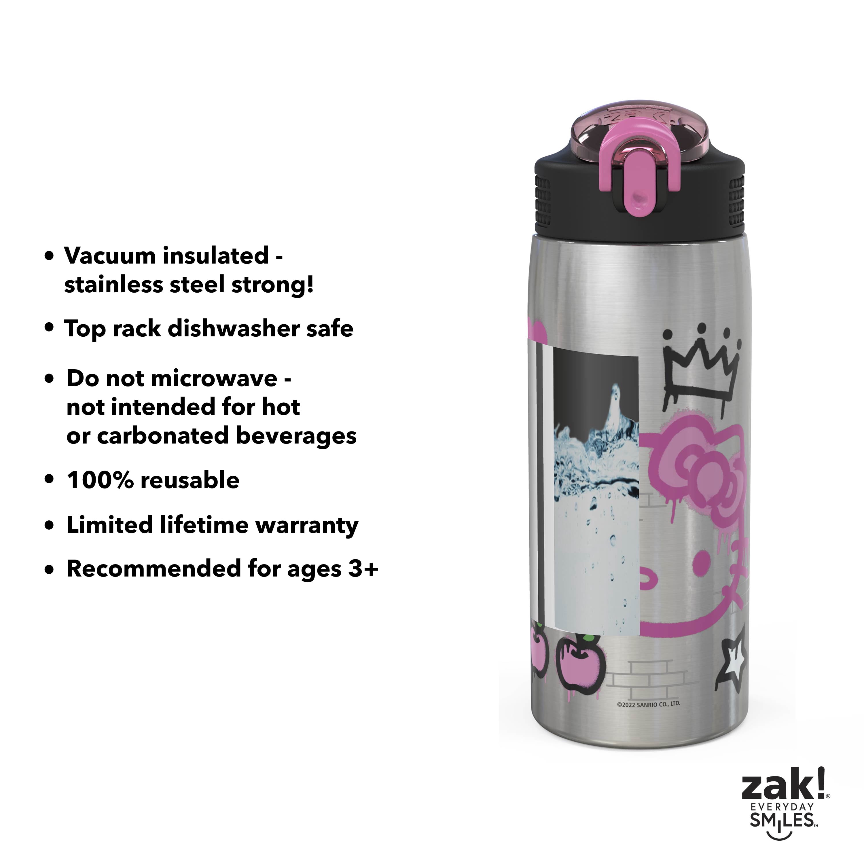 Zak Designs Sanrio Water Bottle for Travel and At Home, 19 oz Vacuum Insulated Stainless Steel with Locking Spout Cover, Built-In Carrying Loop, Leak-Proof Design (Hello Kitty)