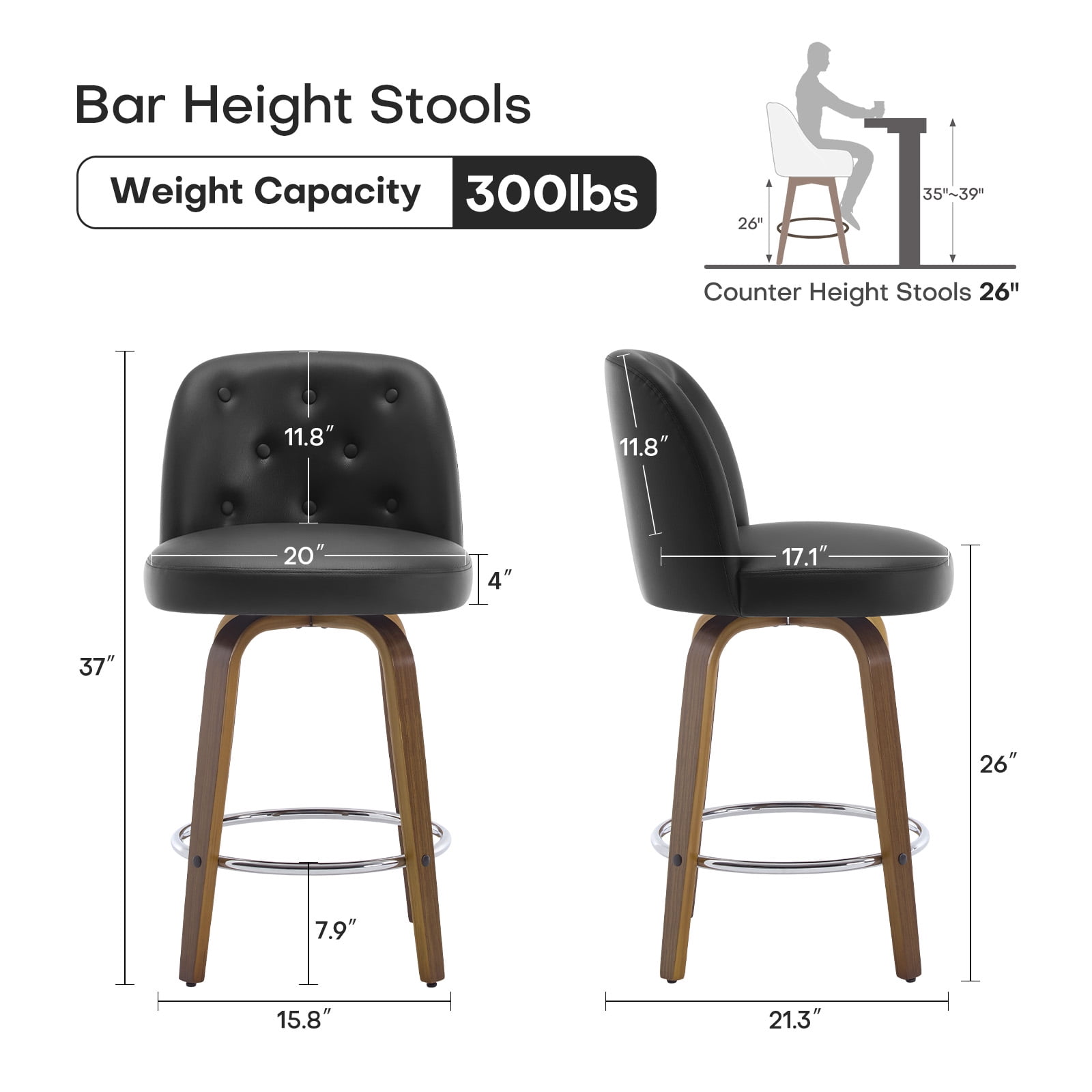 Foreate Swivel PU Bar Stools Set of 2, 26" Uholstered Leather with Button-tufted Mid-Back & Wood Legs, Modern Chair Kitchen Pub Island Counter Stool