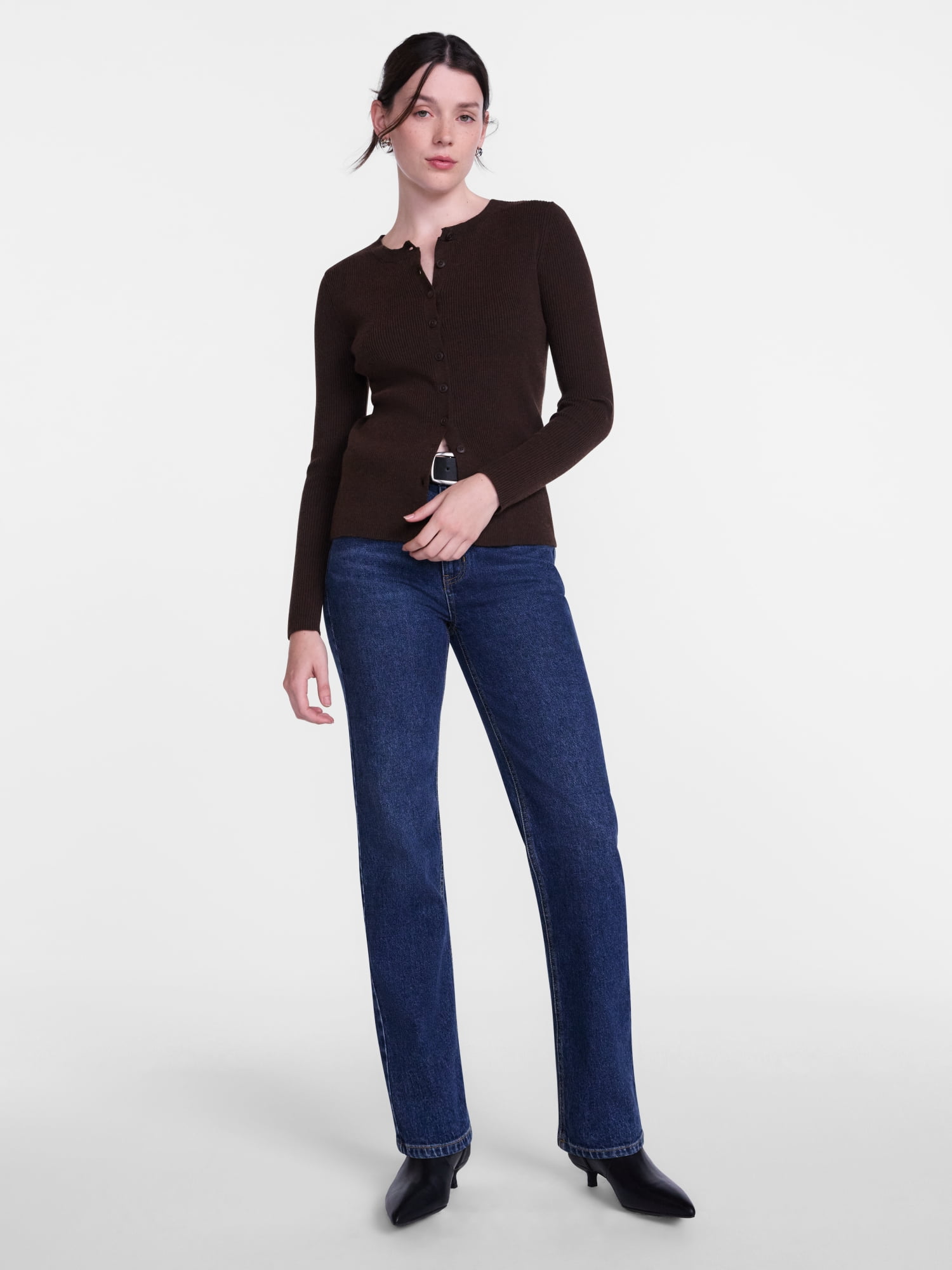 Scenario Women's and Women's Plus Ribbed Crewneck Cardigan Sweater, Lightweight, Sizes XS-4X