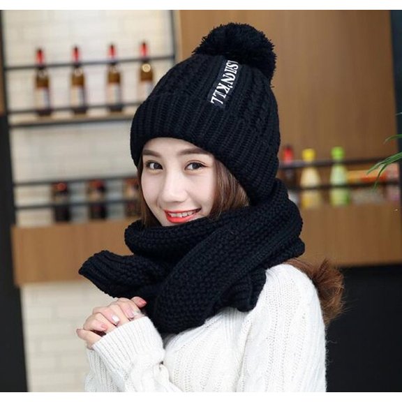 Dyfzdhu 2Pcs Scarf Hat Set Women Winter Warm Solid Pompoms Knitted Soft Caps Scarves Black