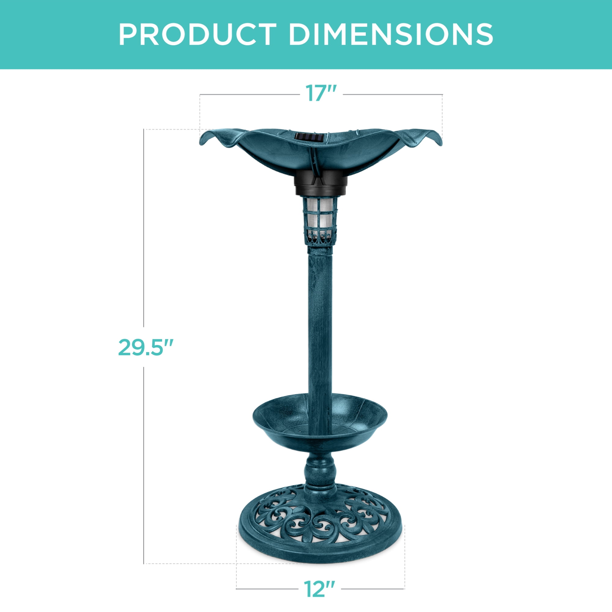 Best Choice Products Solar Lighted Pedestal Bird Bath w/ Planter, Integrated Panel - Peacock Blue