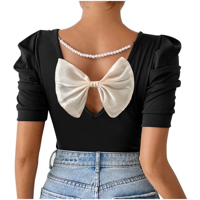 Plebaso T-shirts Mignons pour Femmes, Dos à Nœud, T-Shirts Ajustés, Manches Courtes Bouffantes, Col Rond Décontracté, T-Shirt Tendance