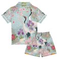 thumbnail image 2 of FORMRS Kids Short Sleeve Top and Pants Pajama Set Unisex Satin 2-Piece Sleepwear, Sizes 5-6Y, Green Floral Cranes Pattern, 2 of 8
