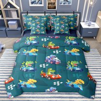 Homewish Cartoon Race Car 7-Piece Twin Bedding Sets,Kawaii Wild Dinosaur Bedding Comforter Set,Extreme Sports Sheet Sets For Teens,Microfiber Bedroom Decor Reversible