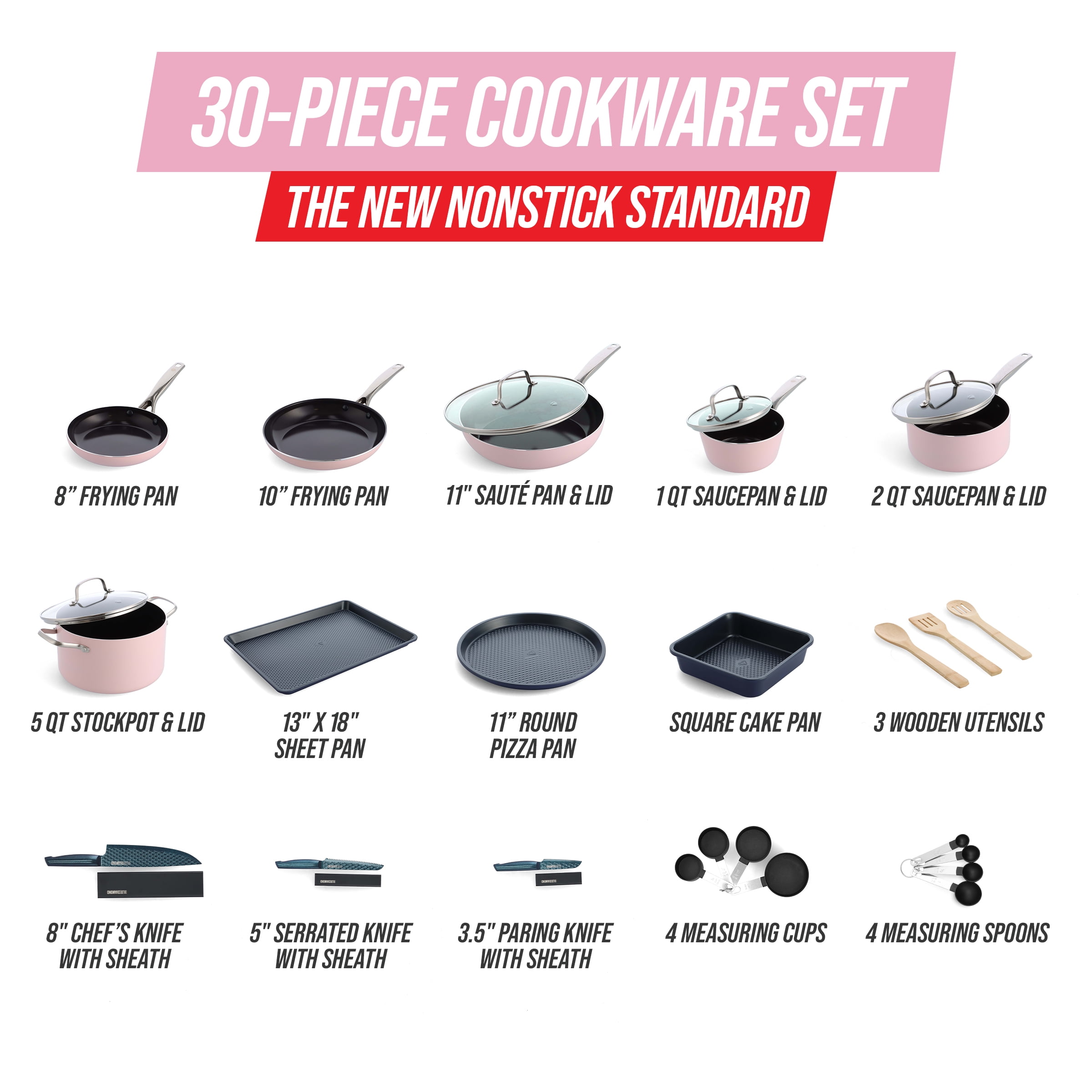 Blue Diamond Pink Ceramic Non-Stick 30-Piece Cookware Set, Dishwasher Safe  