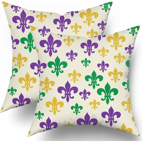 Mardi Gras Pillow Covers 18x18 Set of 2 Yellow Purple Green Beautiful Fleur De Lis Decorative Throw Pillow Cases Farmhouse Decoration for Sofa Couch Bed